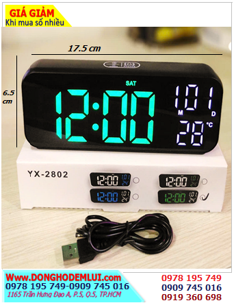 LED YX-2802, Đồng hồ LED YX-2802 treo tường (xem giờ và hiển thị thứ ngày, Nhiệt độ, cài báo thức, bấm giờ), 17.5cm x 3.5cm x 6.8cm /Bảo hành 03 tháng